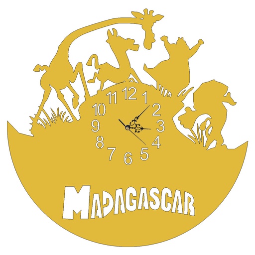 Frente de reloj con máquinas y agujas - Diseño: Madagascar - Medidas: 40 cm de diámetro - Material: MDF 3 mm